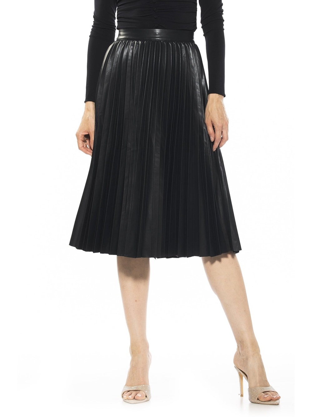 Alexia Admor Luca Vegan Leather Skirt in Black Size S Pleated Midi Knee Length